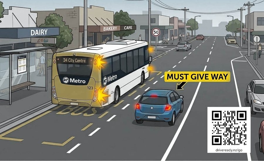 NZ give way to buses rule: a car must give way when a bus indicates leaving a bus stop on a 50 km/h street - Road Code change from 1 October 2026